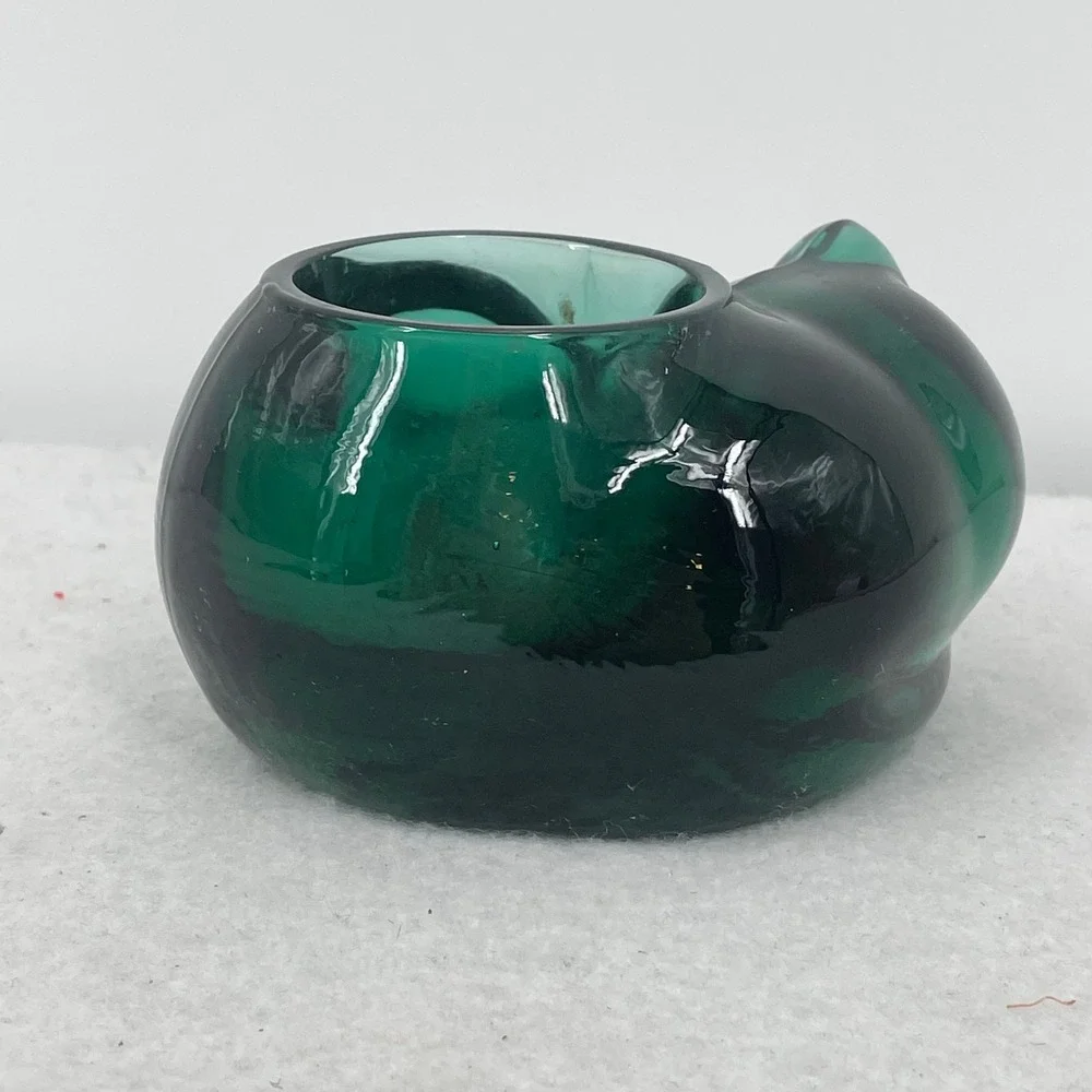 Indiana Glass Evergreen Cat Votive Holder Emerald Green Sleeping Kitten 3865